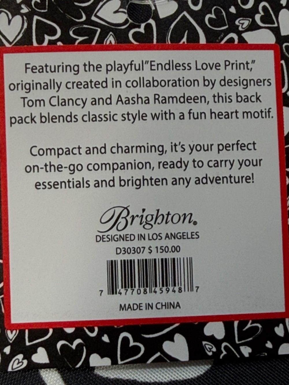 Brighton NWT Endless Love Black and White Heart Pattern Backpack - Picture 8 of 8